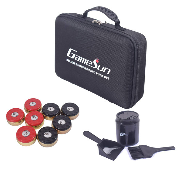 GAMESUN Shuffleboard Pucks Set of 8, Red, Black, 2 5/16" Pucks, Carrying Case, Ideal for 9ft-22ft Tables