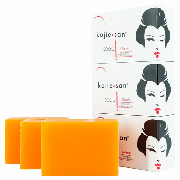 Kojie San Skin Brightening Soap - Original Kojic Acid Dark Spot Remover Soap, Paraben-Free Bar with Coconut & Tea Tree Oil for Face & Body, Gently Exfoliates for Smooth, Even Skin Tone – 100g x 3 Bars