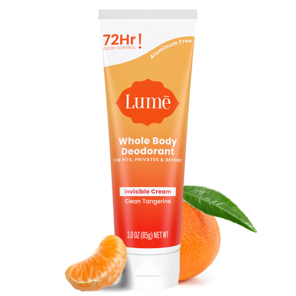 Lume Whole Body Deodorant - Invisible Cream Tube - 72 Hour Odor Control - Aluminum Free, Baking Soda Free, Skin Safe - 3.0 ounce (Clean Tangerine)