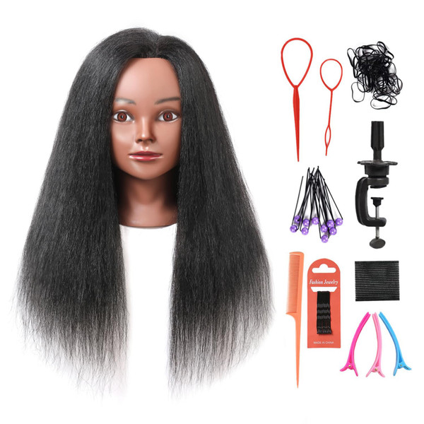 Armmu Mannequin Head with 100% Real Hair, 16" Cosmetology Mannequin Manikin Training Practice Doll Head for Hairdresser Braiding Hair Styling Hairdressing with Clamp Holder- Black