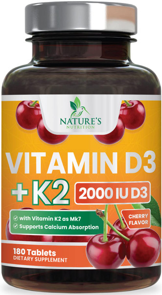 Vitamin D3 K2 2000 IU Plus with K2 (MK-7) 75 mcg - Vitamins D & K Complex Supplement for Bone, Teeth, Muscle, Calcium Absorption, Supports Immune & Heart Health, Non-GMO Chewable Formula - 180 Tablets