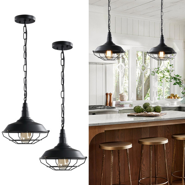 Karjearl Black Farmhouse Pendant Light - 2 Pack Industrial Vintage Hanging Light Fixtures Metal Wire Cage Pendant Lighting with Adjustable Chain for Kitchen Barn Hallway Porch Dining Room