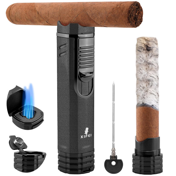 XIFEI Cigar Lighter 3-Angled Jet Flames, Cigar Puncher, Cigar Draw Enhancer, Cigar Stand, 4-in-1Refillable Butane Torch Lighter (Sand black)