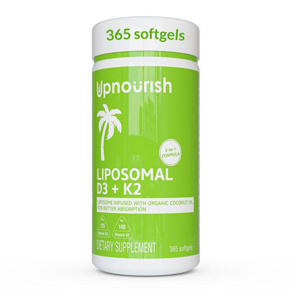 UpNourish Liposomal D3 & K2 MK-7, Advanced Absorption for Optimal Bone and Immune Health, Supplies 5000 IU 125 mcg Vitamin D3 and 100 mcg Vitamin k2 with Organic Coconut Oil, 365 Mini softgels