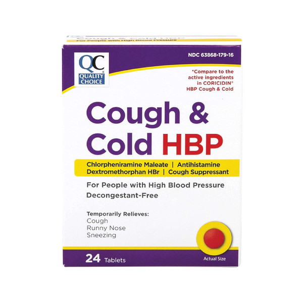 Quality Choice HBP Decongestant Free, Cough and Cold Medicine, High Blood Pressure Cold Relief, Acetaminophen, Gluten, & Sugar Free Tablets for Runny Nose, Cough, and Sneezing, 24ct Package-1764551227