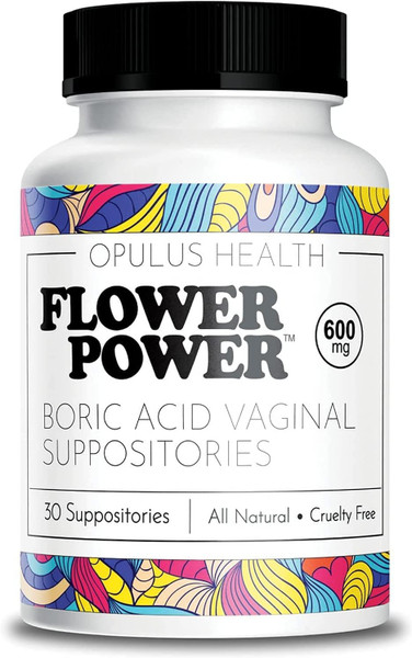 Flower Power Vegan Boric Acid Suppositories - 30 Capsules - 600mg for Vaginal Odor and pH Balance - Made in USA-1764551812