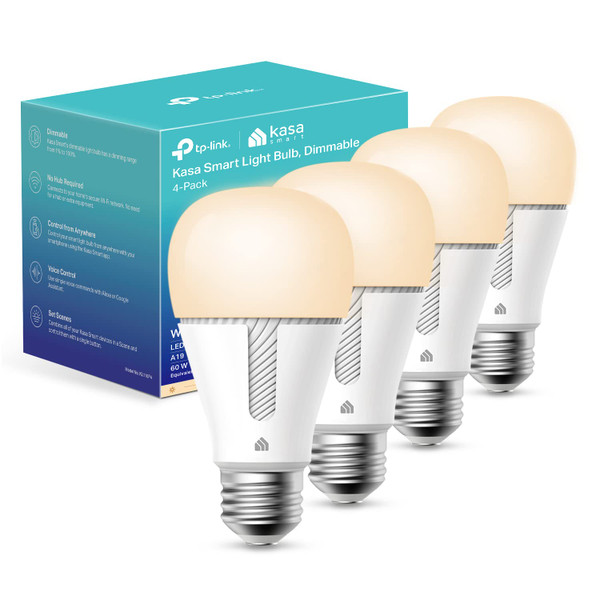 Kasa Smart Light Bulbs that works with Alexa and Google Home, Dimmable Smart LED Bulb, A19, 9W, 800Lumens, Soft White(2700K), CRI≥90, WiFi 2.4Ghz only, No Hub Required, 4 Count (Pack of 1)(KL110P4)