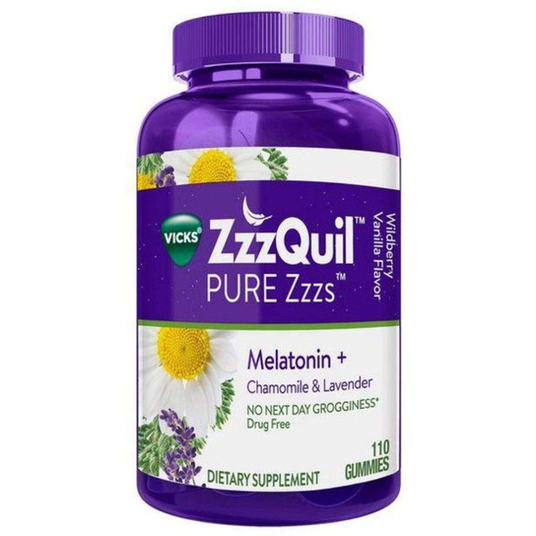 ZzzQuil Pure Zzzs Melatonin Sleep Aid Gummies, 110 ct, with Chamomile, Lavender and Valerian Root, Natural Flavor ZzzQuil Pure Zzzs Melatonin Sleep Aid Gummies, 110 ct, with Chamomile, Lavender and Valerian Root, Natural Flavor