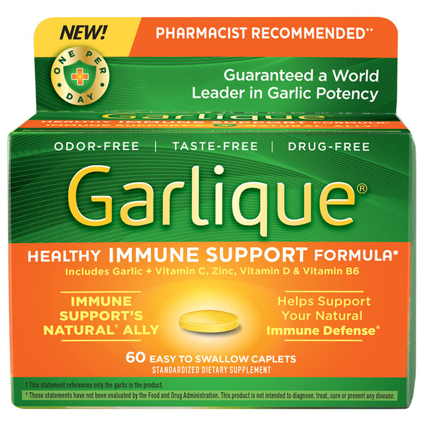 Garlique Garlic Extract Supplement, Healthy Immune Support Formula, Odorless & Vegan-Friendly Caplets, 60 Count
