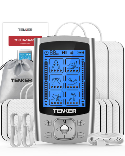 TENKER EMS TENS Unit Muscle Stimulator, 24 Modes Dual Channel Electronic Pulse Massager for Pain Relief/Management & Muscle Strength Rechargeable TENS Machine with 8 Pcs Electrode Pads