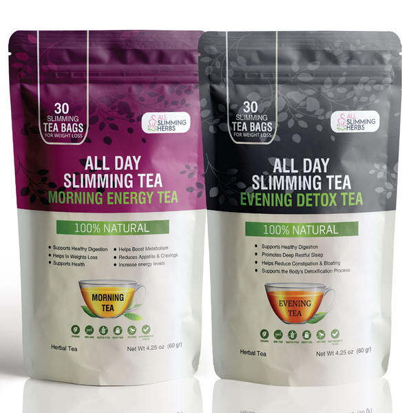 ALL SLIMMING HERBS All Day Slimming Tea For Weight Loss - All Natural 30 Days Detox Teas That Flattens Tummy - Daytime Energy Boost Tea 30 Bags + Evening Detox Tea 30 Bags