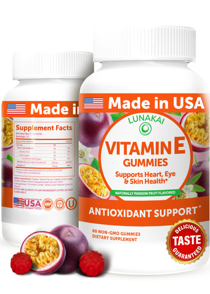Lunakai USA Made Vitamin E Gummies 400IU with Vitamin C - Delicious, Vegan, Non-GMO Supplement for Daily Skin & Eye Support, 60ct