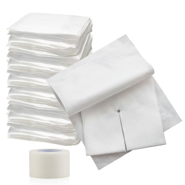 Vakly Split Drain Sponge Gauze 2x2 Sterile 6 Ply Pads [Pack of 70] Absorbent Precut 2"X2" Non-Woven Slit Bandage for I.V. Tracheostomy - 35 Packs of 2 Pre Cut Bandages + 1 Roll of Medical Tape