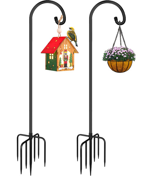 Derkniel Shepherd Hook 92 Inch Tall Heavy-Duty Metal Garden Hanging Pole Stake for Bird Feeder Pole Plant Baskets, Black (2 Pack)