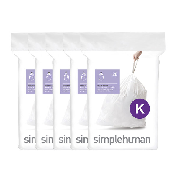 simplehuman Code K 100 Count, Dispenser Pack Custom Fit Liners, Drawstring Trash Bags, 35-45 Liter / 9-12 Gallon, White