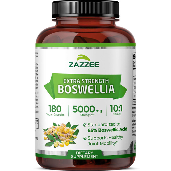 Zazzee Extra Strength Boswellia Serrata 10:1 Extract, 5000 mg Strength, 65% Boswellic Acid, 180 Vegan Capsules, 6 Month Supply, Standardized 10X High Potency, 100% Vegetarian, All-Natural, Non-GMO