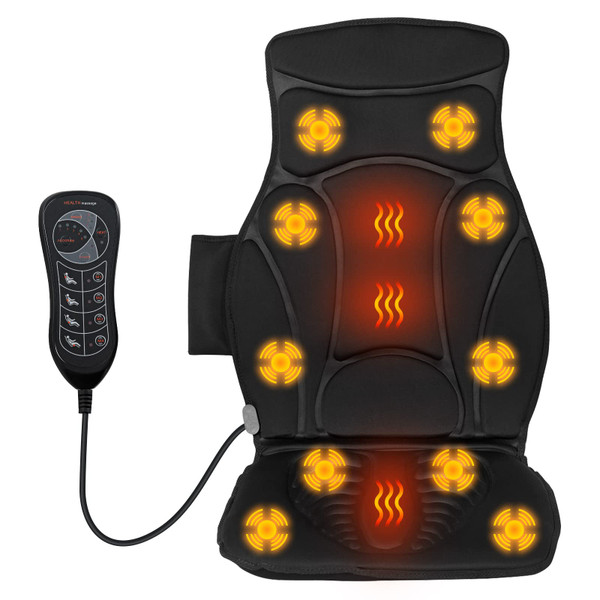 WELLHUT Massage Seat Cushion Back Massager with Heat, 10 Vibration Nodes & 2 Heating Levels, Back Massager for Pain Relief, Massage Chair Pad Back Massager for Chair Home Office Use