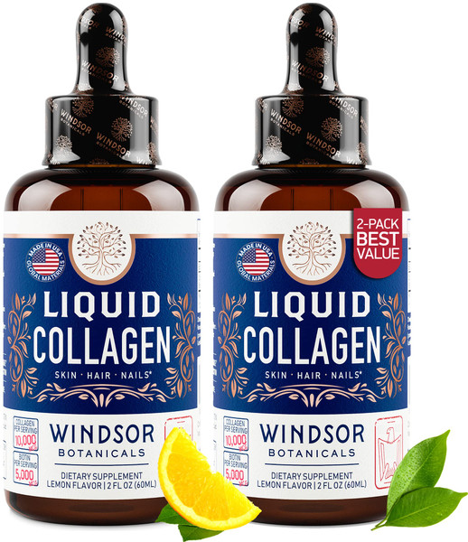 WINDSOR BOTANICALS Liquid Collagen for Women and Men - Hair, Skin, Nails Vitamins - Lemon Flavor Collagen Peptides Hair Growth Drink - 5,000mcg Biotin, 10,000mcg - US Made - 2x2oz