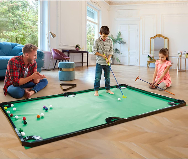 GOODLYSPORTS Golf Game -Combining Mini Pool Table & Golf - World’s Largest Putting Green Indoor，Putting Mat 108.2" L x 57.4" W，Golf Pool Indoor Family Game