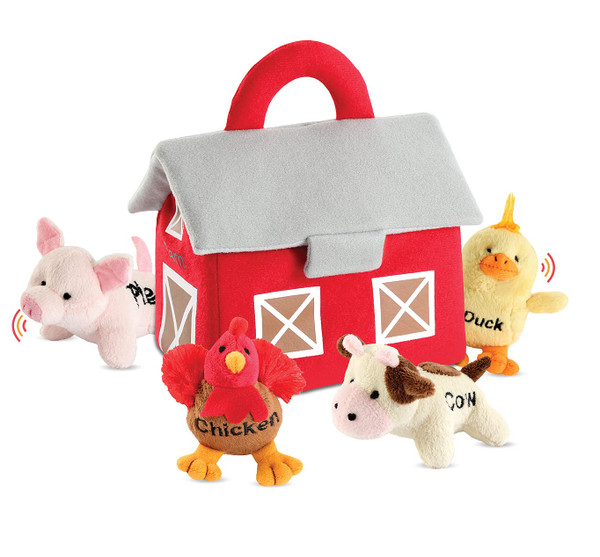 Bundaloo Plush Farm Animal Toys with Realistic Sounds - Plushie Play Set with Barn Carrier