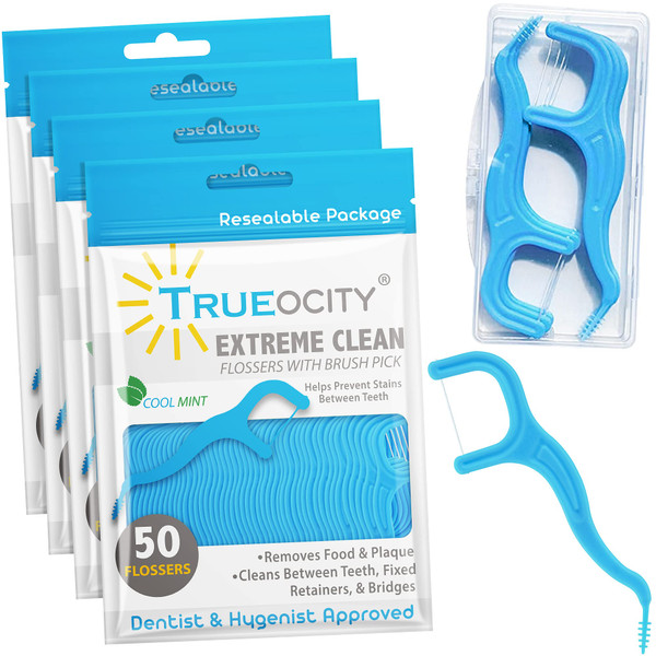 Trueocity Dental Flossers Brush Picks 4 Pack w/Travel Case (200 Total Count), Dental Floss Glides Easy, Flosser Helps Prevent Tooth Decay & Gum Disease, Easy Grip, Flossers for Adults, Mint Flavored Trueocity Dental Flossers Brush Picks 4 Pack w/Travel Case (200 Total Count), Dental Floss Glides Easy, Flosser Helps Prevent Tooth Decay & Gum Disease, Easy Grip, Flossers for Adults, Mint Flavored