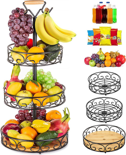 ETECHMART Fruit Basket, Vegetables Countertop Bowl Storage With Banana Hanger, Detachable Bread, Snacks Baskets Holder Large Capacity Fruit Tray (Bamboo&Iron - 3 Tier)