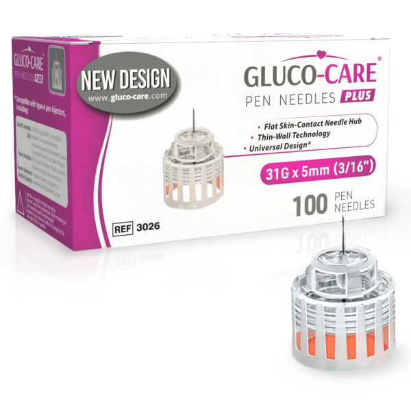 GLUCO-CARE Plus Pen Tips 31G x 5mm (3/16''), Universal Fit, Optimal Skin-Contact Base for Comfort, 100/bx