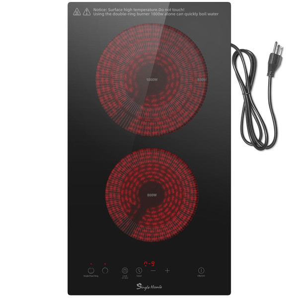 2 Burner Electric Cooktop 110v, Plug in Stove Top Burner, Countertop & Built-in Electric Burner with Touch Control, 9 Power Levels, Timer, Multiple Safety Protection, 1800W