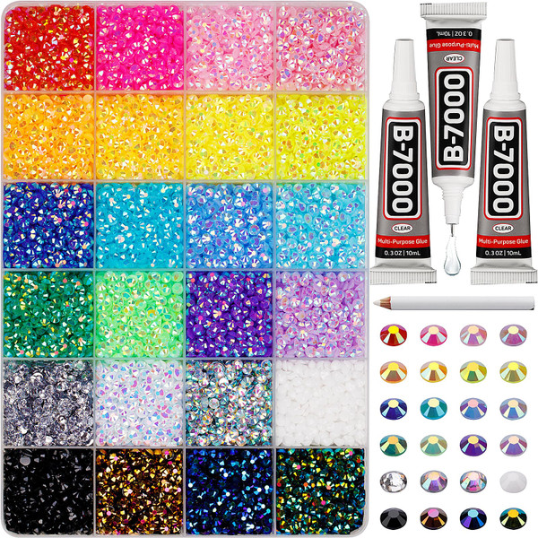 16000Pcs Rhinestones for Bedazzling, 4mm Bedazzler Kit with Flatback Rhinestones for Clothes Crafting Crafts Nails Clothing, Flat Back Resin Rainbow Colorful Colored Crystal with B 7000 Glue Clear