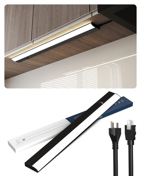 TheDeco 16 Inch LED Under Cabinet Light, Plug in Kitchen Lighting, 3CCT Selectable (3000K/4000K/5000K), CRI94 High Color Accuracy, Linkable, Slim Design, Black