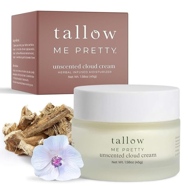 Unscented Cloud Cream, Nourishing Beef Tallow Moisturizer Infused with Lavender and Marshmallow Herbs for Deep Hydration, Soothing Relief, No Essential Oils, Gentle for Sensitive Skin, 1.7 oz