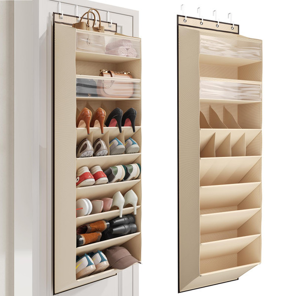 Mefirt 8 Tier Clear Over the Door Shoe Organizer with Deep Pockets, Door Shoes Rack with hard Cardboard and Tubes to Keep the Shape, Hanging Shoe Rack for Closet Organizers, Shoe Holder Beige