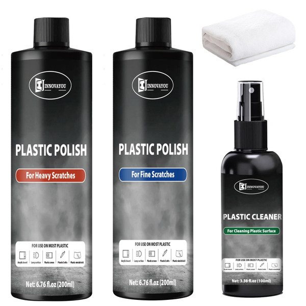 INNOVAYOU Plastic Polish Kit, Plastic Scratch Remover 14.1oz and Cleaner 3.52oz, Plastic Cleaner and Polish Removes Scratches & Scuffs, Ultra Fine Scratch Remover for Acrylic Surfaces