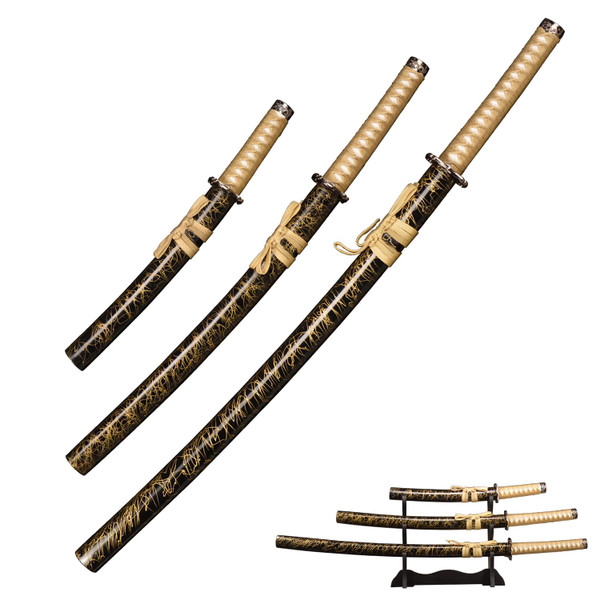 Balck Katana 3pc Set Samurai Sword with Display Stand, 1045 Medium Carbon Steel