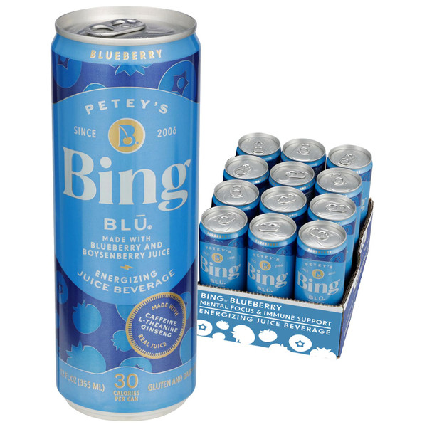 BING BLUEBERRY Energizing Juice Beverage – (12oz/12pk) – Made with REAL Juice! Only 2g added Sugar, Low Calorie; L-Theanine, 5 B-Vitamins & Ginseng; 125 mg Caffeine; Vegan, Gluten + Dairy Free. DELICIOUS