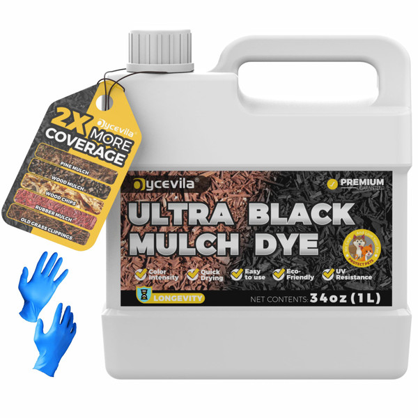 32oz Concentrated Ultra Black Mulch Dye with Gloves, Liquid Rubber Dye Spray Covers up to 3,600 Sq. Ft, Long-Lasting Finish Black Bark Paint for Mulch Restoration and Enhancement Landscaping