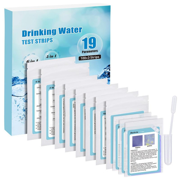 Well Water Testing Kit for Drinking Water: 19 in 1 Drinking Water Test Kit Including 3 E Coli Bacteria Tests and 100 Counts Water Test Strips for Testing Lead Hardness and More