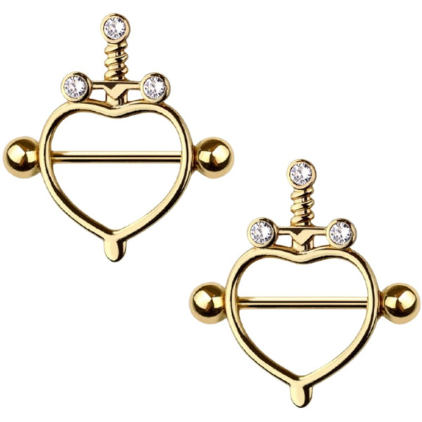 14GA 316L Stainless Steel Sword with Heart Outline Nipple Shields, Sold as a Pair (Gold Tone)