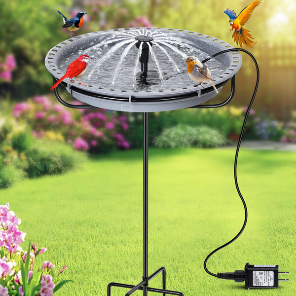 HappyAlley Bird Bath Fountain for Outside, Plug in Adjustable Water Fountain Combo Set, 24 Hour Working Bird Bath Bowl with 5W Water Pump for Outdoor Garden Yard with Auto Power Off Dry Run Function