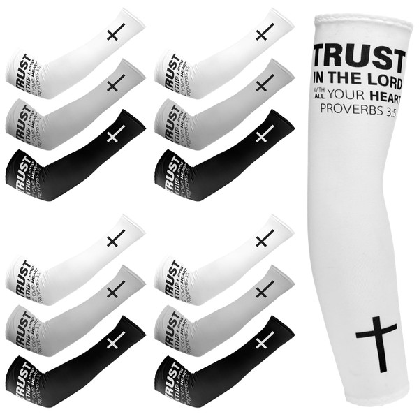 Shyyween 6 Pairs Faith Cross UV Cooling Arm Sleeves Religious Compression Arm Sleeves for Men Women Football Activity Sports(Black,White,Light Grey,M)