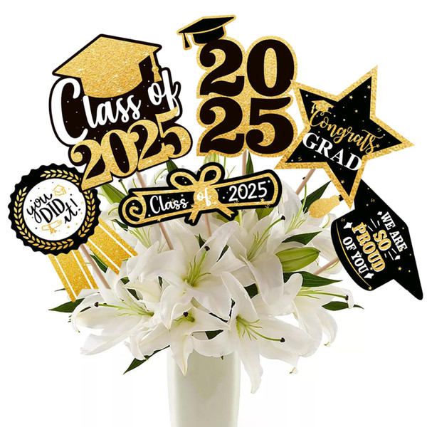 Nialnant 30 Pack Graduation Decorations 2025 Black Gold Graduation Centerpieces for Tables Decoration Sticks, Graduation Table Decorations 2025, Graduation Table Centerpieces Outdoor Parties.