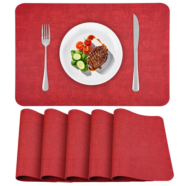 APLKER Vinly Placemats Set of 6 - Waterproof Wipeable Faux Leather Table Place Mats Heat Resistant Anti Slip Table Mats for Dining, Indoor, Outdoor, 15.8" x 11.8" (Retro red)