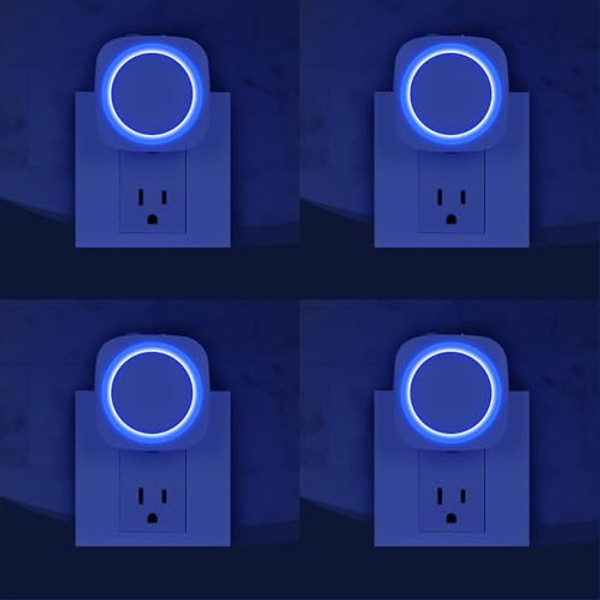 Fusunloh Blue Night Lights Plug in to Wall,4 Packs Dimmable Night Light with Auto Dusk to Dawn Sensor,Soft Glow Night Light for Bathroom, Bedroom,Hallway, Stairs, Kitchen,Blue