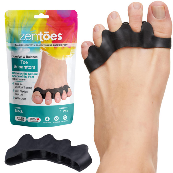 ZenToes Silicone Toe Spacers and Separators for Correct Toe Alignment, Bunion Relief, Hammertoe Straightener, Gel Orthopedic Corrector – 1 Pair (Black)