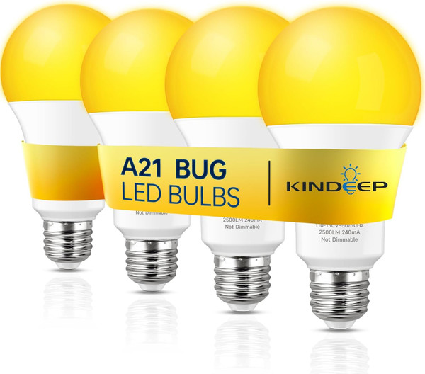 KINDEEP Yellow Bug Light Bulb Outdoor, 150W-200W Equivalent LED Bug Light for Outside, A21 E26 23W 2000K Warm Lights Bulbs for Porch/Patio/Hallway/Backyard, Non-Dim White Housing, 4 Pack KINDEEP Yellow Bug Light Bulb Outdoor, 150W-200W Equivalent LED Bug Light for Outside, A21 E26 23W 2000K Warm Lights Bulbs for Porch/Patio/Hallway/Backyard, Non-Dim White Housing, 4 Pack