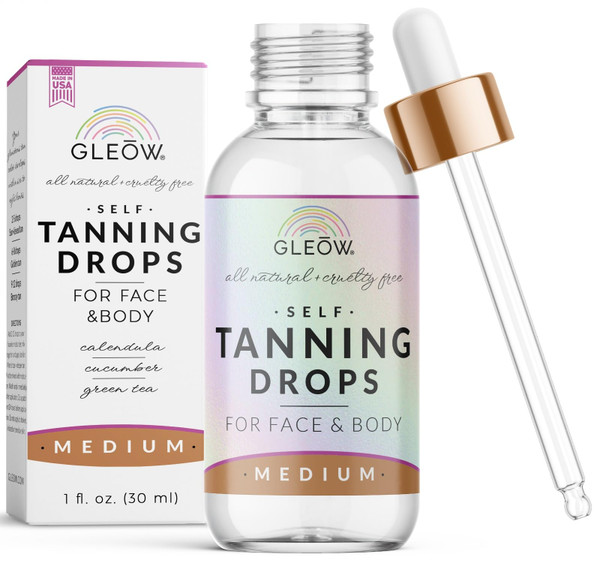 GLEOW Face Tanning Drops to Add to Moisturizer, Bronzing Drops for Face and Body with Chamomile and Green Tea, Medium Self Tanner, Custom and Streak-Free Tan 1oz
