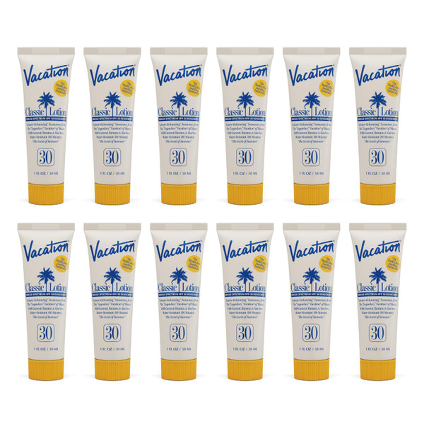 Vacation Mini Classic Sunscreen SPF 30, Water-Resistant, Bulk Suntan Lotion, Bachelorette Party Favors, Beach Must Haves, Traveling Essentials, Travel Size, 1 Fl. Oz. (Value Pack of 12)