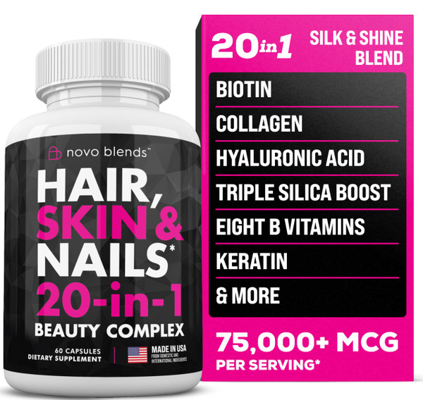 Biotin, Collagen, Silica, Hyaluronic Acid & Keratin - Hair Skin and Nails Vitamins for Hair Growth Support - Supplements for Women, Men - With B Vitamin Complex - Nails & Skin - 60 Capsules