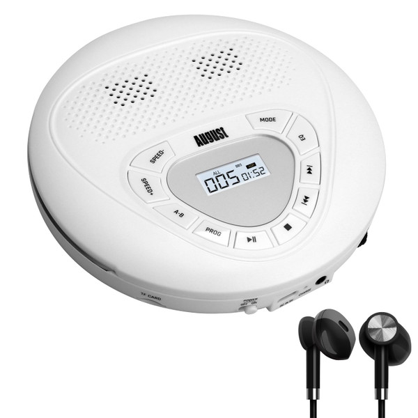 Portable CD Player with Rechargeable Battery - August SE10 - Dual Stereo Speakers, Anti-Skip Protection, Aux Out & MP3 Player, CD & MicroSD, for Home & Car Use - LED Display - Adults or Kids