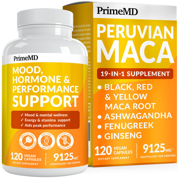 PrimeMD 19-in-1 Peruvian Maca Root Capsules - 9125 mg Ashwagandha Supplements with Maca Fenugreek and Ginseng for Mood, Hormone & Performance Support (120 Capsules)